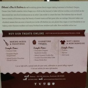 Petunias info card, back at Petunia's Pies and Pastries in Portland