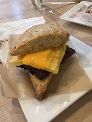 Cheddar and bacon breakfast sandwich   at Petunia's Pies and Pastries in Portland