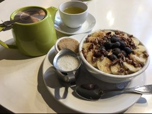 Oatmeal breakfast + Genmaicha tea at Petunia's Pies and Pastries in Portland
