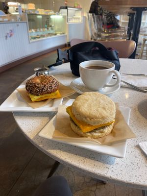 Savory tofu egg and cheese breakfast bagel and biscuit  at Petunia's Pies and Pastries in Portland
