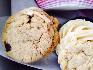 Chocolate babycake and chocolate chipper sandwich with hazelnut filling at Petunia's Pies and Pastries in Portland