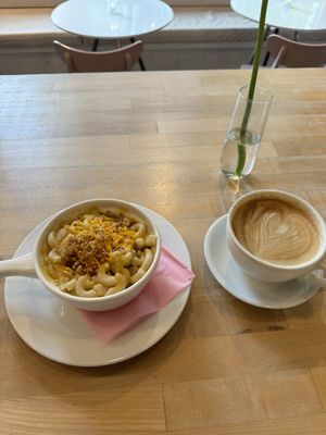 Mac n Cheese & Latte  at Petunia's Pies and Pastries in Portland