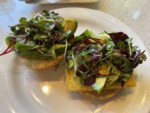 avocado toast with “egg” on house-made breadd  at Petunia's Pies and Pastries in Portland