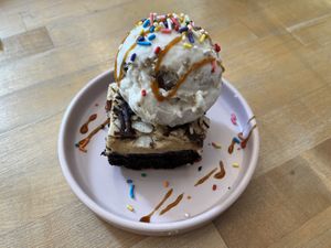 A brownie a la mode sold as a “sundae”… deliciously misleading.  at Petunia's Pies and Pastries in Portland