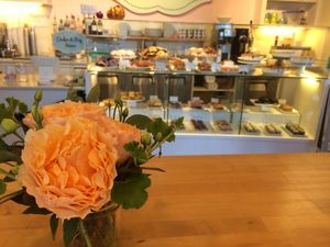 Lovely fresh roses to complement the baked goods at Petunia's Pies and Pastries in Portland