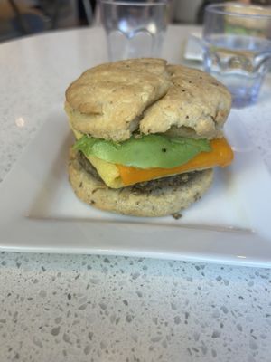 Sausage breakfast sandwich w avocado- SO GOODD  at Petunia's Pies and Pastries in Portland