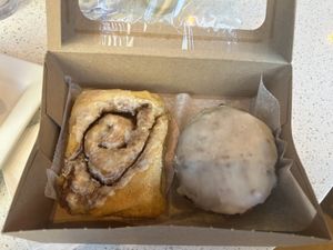 Cinnamon roll & lemon blueberry fritter  at Petunia's Pies and Pastries in Portland