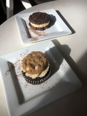 Cookie sandwich and the Cookie Monster babycake at Petunia's Pies and Pastries in Portland
