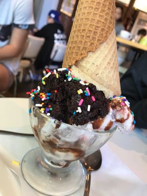 Sundae with strawberry ice cream with s’mores ice cream and brownie bites and chocolate sauce at Petunia's Pies and Pastries in Portland