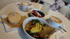 Breakfast biscuit and bowl at Petunia's Pies and Pastries in Portland