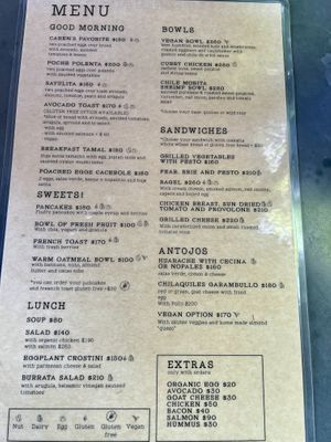 Menu with a few vegan options   at Garambullo in San Miguel De Allende