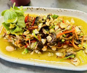 Vegan Huarache with almond cheese   at Garambullo in San Miguel De Allende