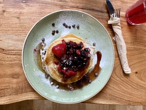 Pancakes with homemade kombucha, delicious!  at The Veg Box Cafe - London in North West London