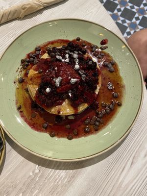 Vegan Pancakes with berries and chocolate chips  at The Veg Box Cafe - London in North West London