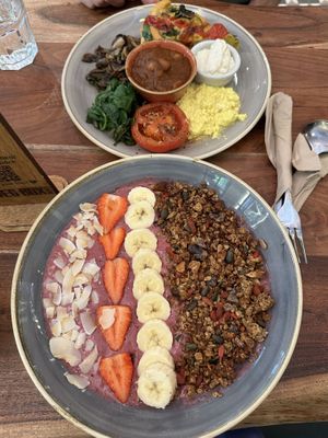 Red smoothie bowl and frittata   at The Veg Box Cafe - London in North West London