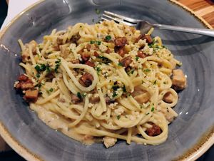 New spaghetti carbonara at £16.45 at The Veg Box Cafe - London in North West London