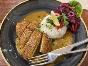 Katsu curry, perfectly complemented by red cabbage pickle   at The Veg Box Cafe - London in North West London