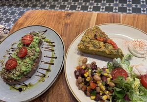 Breakfast pea and avocado toast and quiche  at The Veg Box Cafe - London in North West London