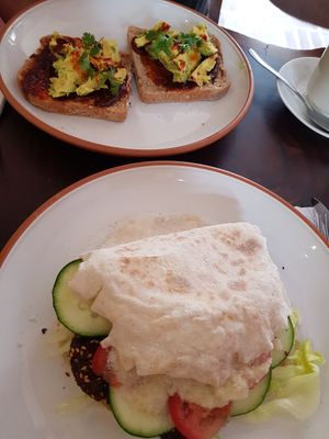 Toast with avocado and sandwich with falafel at Cafe Kitsch in Panajachel