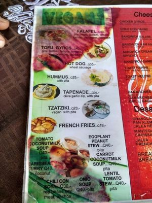 vegan side of menu at Cafe Kitsch in Panajachel
