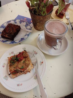 Cheesecake Brownie left, glutenfree foccacia, and the hot chocolate at C+ Bakery in Berlin