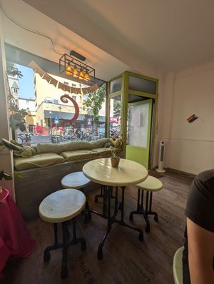 Inside looking out at C+ Bakery in Berlin