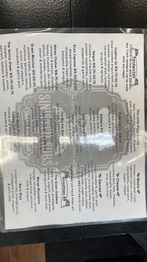 Menu 2  at Sinister Subs in 100 Mile House