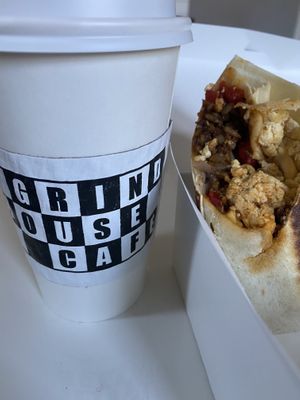 lavender oat milk latte + vegan herbasaur jr. chorizo breakfast sandwich  at Grindhouse Cafe in Griffith
