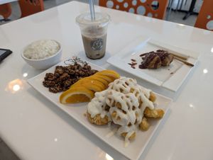 In front: honey walnut "shrimp" in back: brown sugar "milk" tea, and BBQ drumsticks. at VeGreen Noodle   in Buford