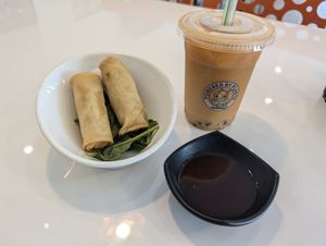 Spring rolls, and Thai tea w/boba at VeGreen Noodle   in Buford