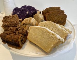 Morning pastries including coffee cake, apricot scones and lemon loaf slices   at Yvonne's Vegan Kitchen in Pasadena