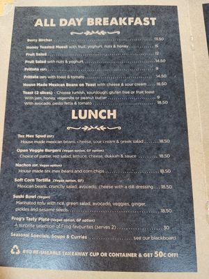 Menu at The Happy Frog in Coffs Harbour