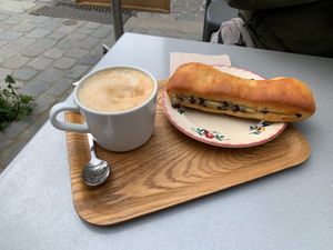 Brioche with Chocolate Chips and Cappuccino at À Tantôt in Rouen