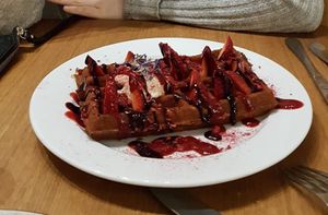 Vegan, flour free, Waffle. Strawberries and cashew cream. Really good! at Fruccola in Budapest