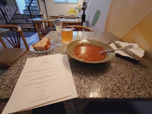 Tomato oyster mushroom fiaczki soup at Korzenie Kuchnia Roślinna  in Szczecin