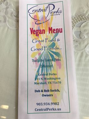 Vegan Menu at Central Perks Coffee House in Marshall