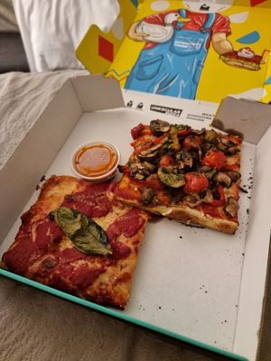 Vegan margherita and vegan mushrooms pizza at Unregular Pizza - 37th St in New York City