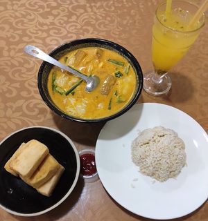 Deep-fried bean curd, curry vegetables, brown rice at NEU Xinmin Vegetarian Restaurant - 新民素食馆 in Kuala Lumpur