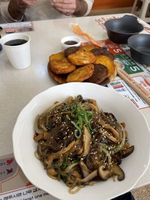 Fried tofu japchae and vegetable assorted pancakes   at Bibibim in Busan