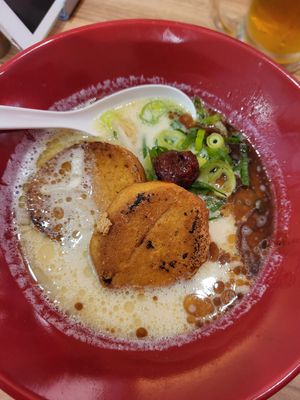 Delicious ramen with baked tofu at Ippudo in Kanazawa