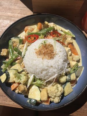 Vegan tempe tofu coconut curry  at Jimmy Beach Cafe in Tabanan