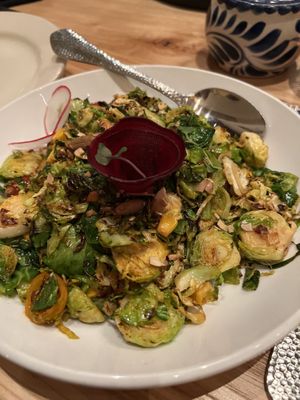 Repollitos - charred Brussels sprouts and salsa, minus the cotija cheese   at Hugo's in Houston
