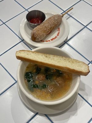 Minestrone soup & Korean corn dog   at You Are What You Eat in Seoul