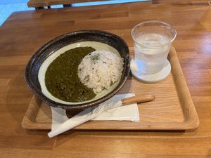 The "soy meat spinach curry"  at Sonoma in Miyajima