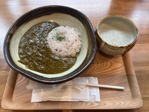 Soy meat spinach curry and mugwort rice milk late   at Sonoma in Miyajima