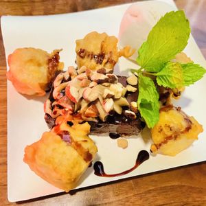 Tempura Banana & Chocolate Mousse Cake w/ vanilla ice cream 
 at Shojin - Culver City in Culver City