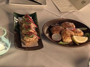 Stuffed Shiitake Mushrooms and Spicy "Tuna" on Crispy Rice (from the taste menu)  at Shojin - Culver City in Culver City