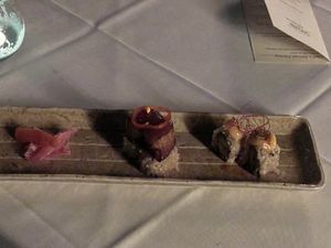 Purple Treasure 5.0 (tender eggplant on asparagus carrot roll), Shojin Dynamite Roll, pickled vegetables (from the taste menu)  at Shojin - Culver City in Culver City