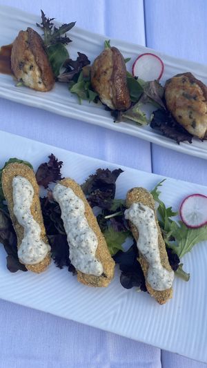 Stuffed shiitake mushrooms & crispy potato “fish"   at Shojin - Culver City in Culver City