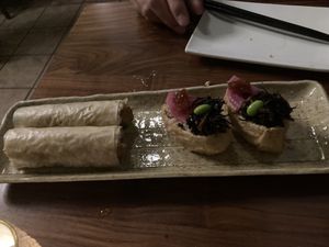 “Crab roll” and stuffed tofu skin with red caviar   at Shojin - Culver City in Culver City